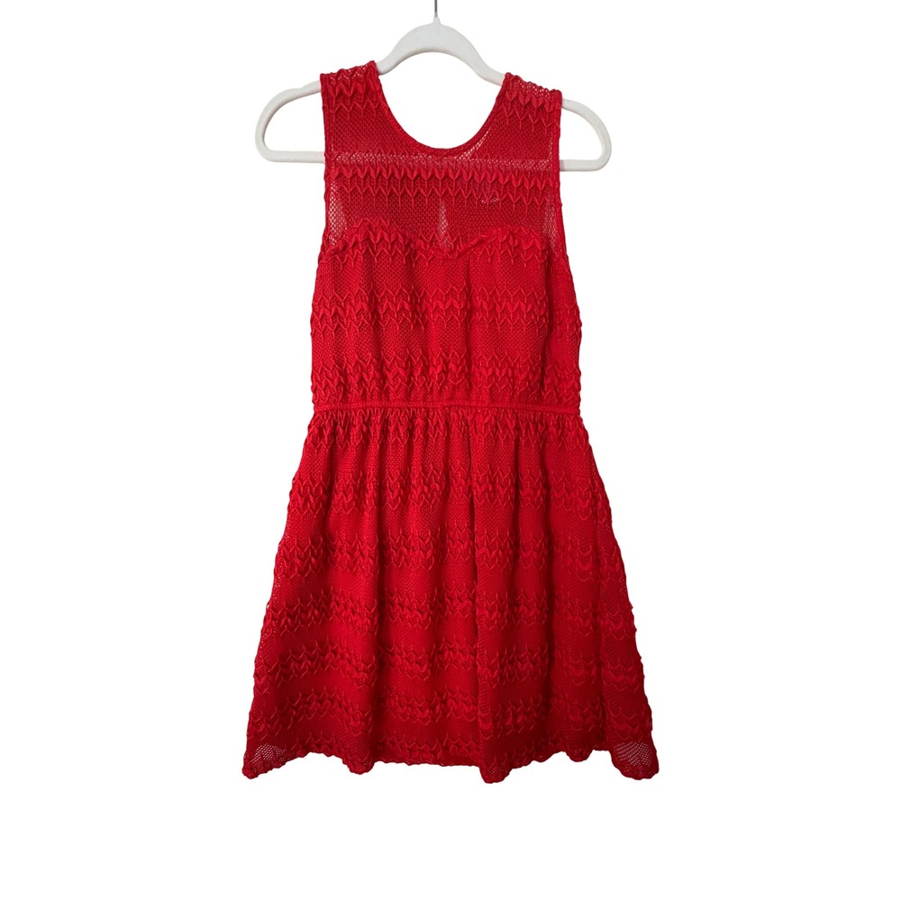Pinky Red Crochet Chevron Mesh Yoke Sleeveless Mini Dress Large Keyhole Back